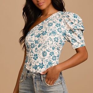 Free People - Somethin Bout You Cream Floral Print One-Shoulder Bodysuit, Size M